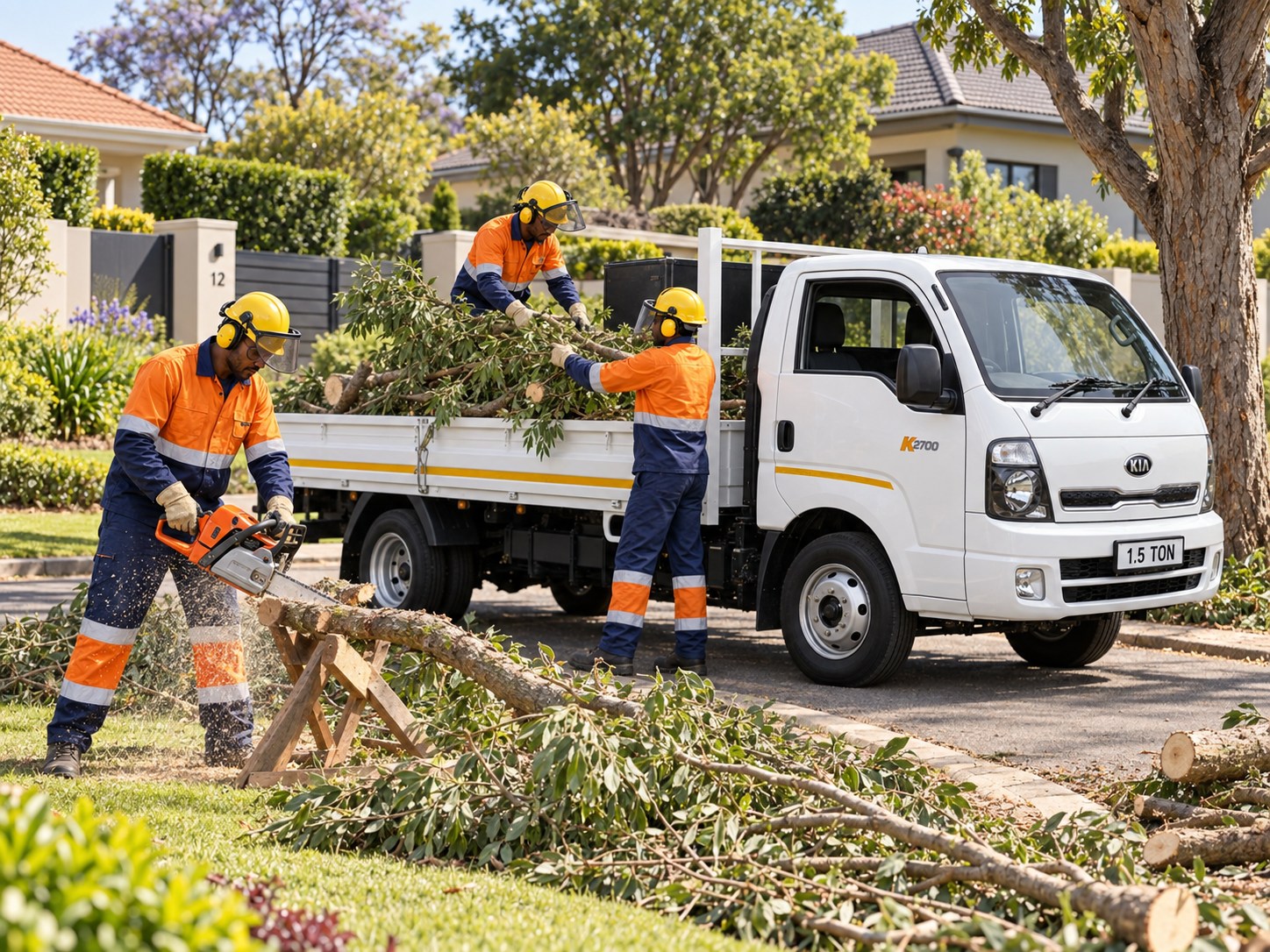 Illustrative scene of a tree crew cutting branches and loading a white Kia K2700 truck beside well-kept suburban homes
